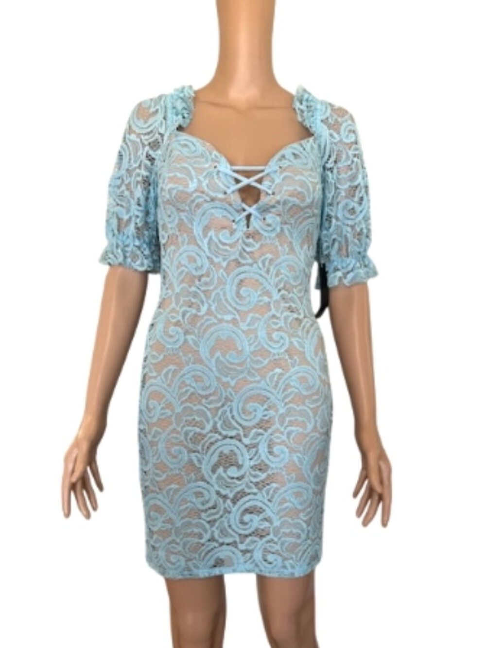 VENUS Baby Blue Lace Dress XS Nude Lining Lace‑Up Front Stretch Mini NWT